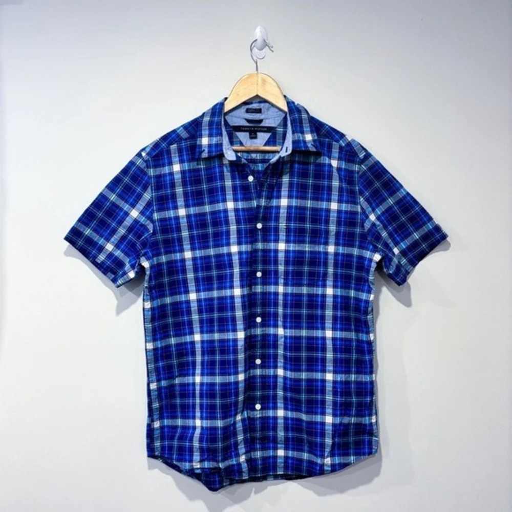 TOMMY HILFIGER Blue Plaid Short Sleeve Button Front Casual Shirt Medium